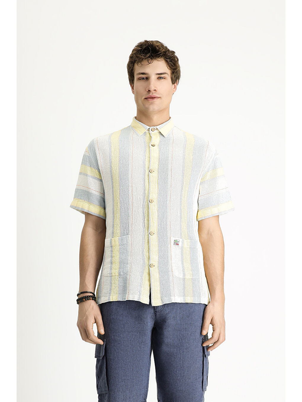 Karışık Kısa Kol Oversize Çizgili Pamuk %100 Pamuk Gömlek-4