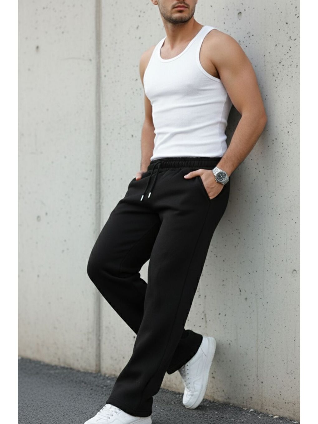 Erkek Bol Paça Beli Lastikli Siyah Eşofman Altı-3