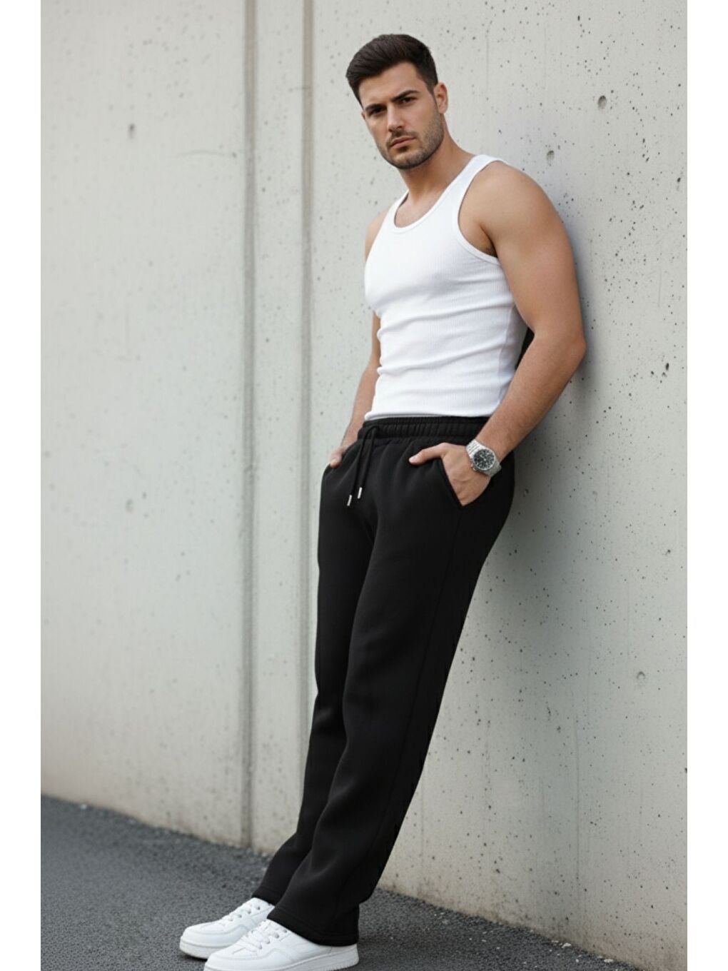 Erkek Bol Paça Beli Lastikli Siyah Eşofman Altı-5