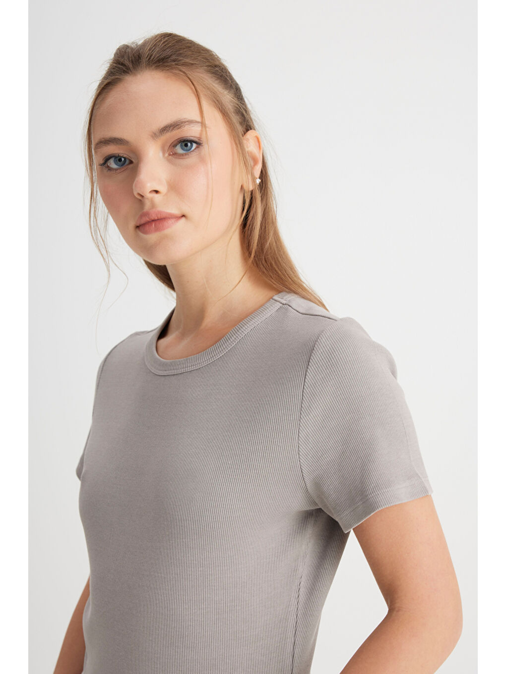 Slim Fit Dar Kesim Bisiklet Yaka Gri Tişört-1