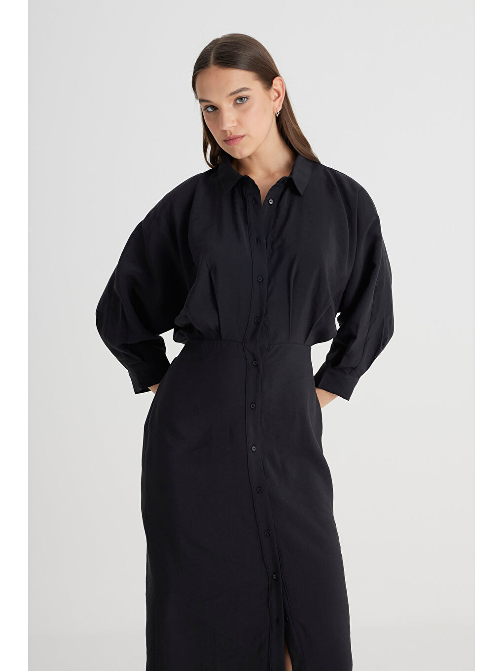 Loose Fit Rahat Kesim Siyah Gömlek Elbise-1