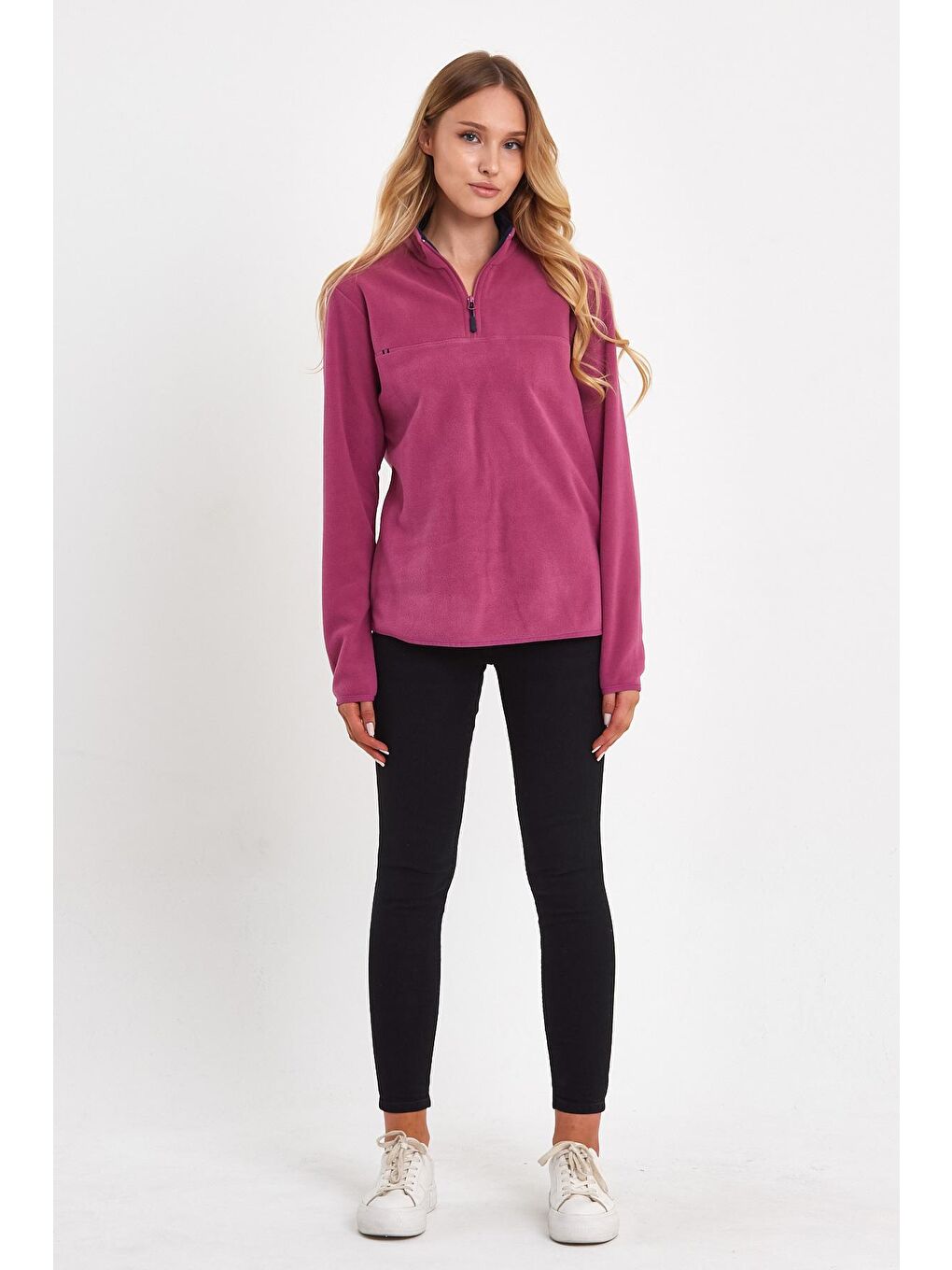 Pembe Yarım Fermuarlı Dik Yaka Polar Kadın Sweatshirt-1