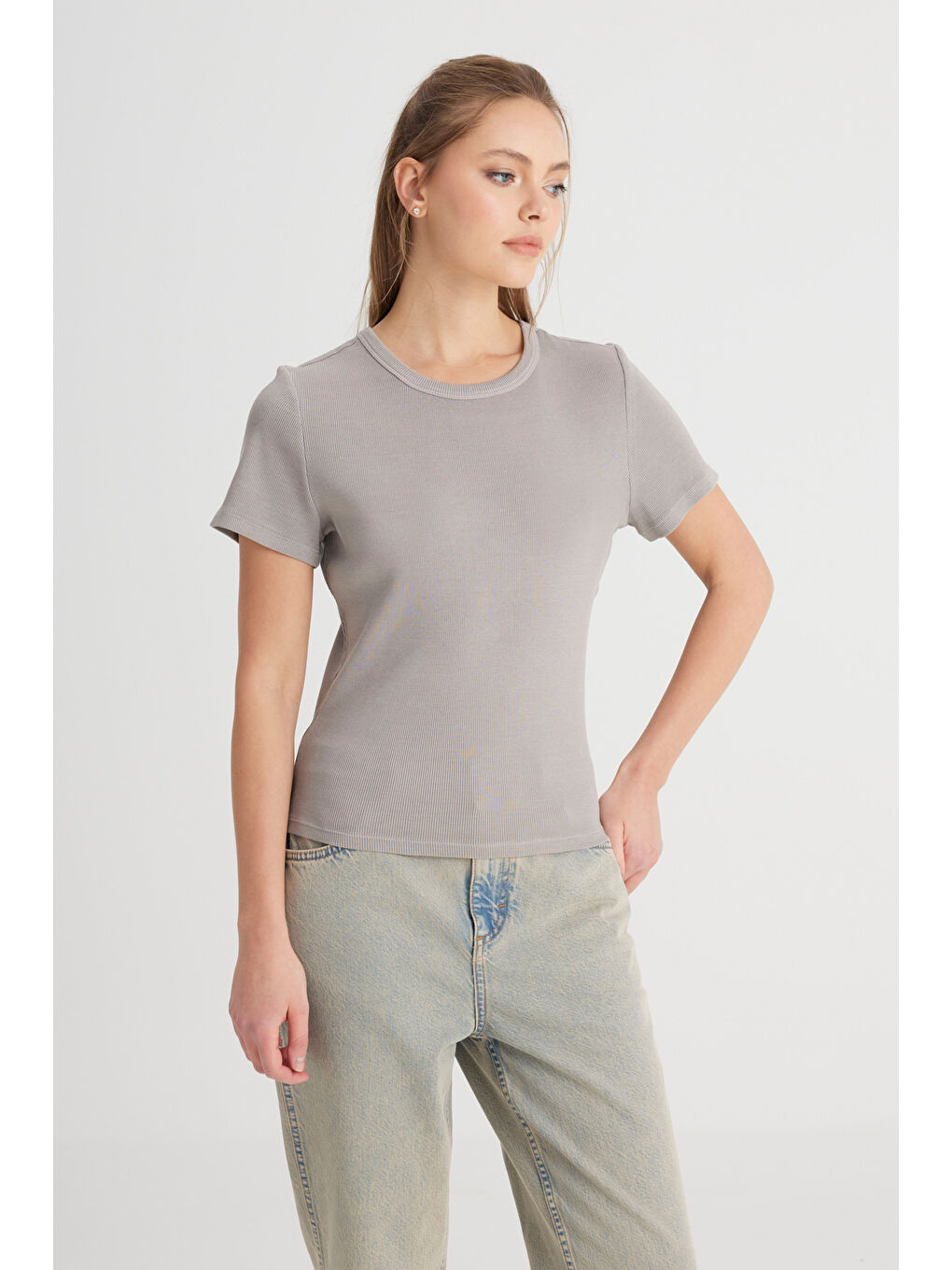 Slim Fit Dar Kesim Bisiklet Yaka Gri Tişört-3