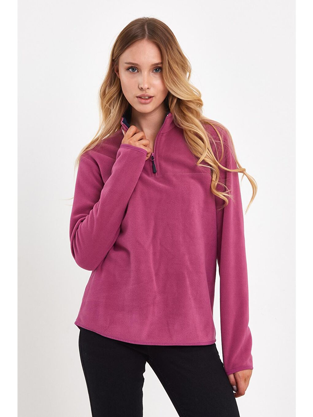 Pembe Yarım Fermuarlı Dik Yaka Polar Kadın Sweatshirt-2