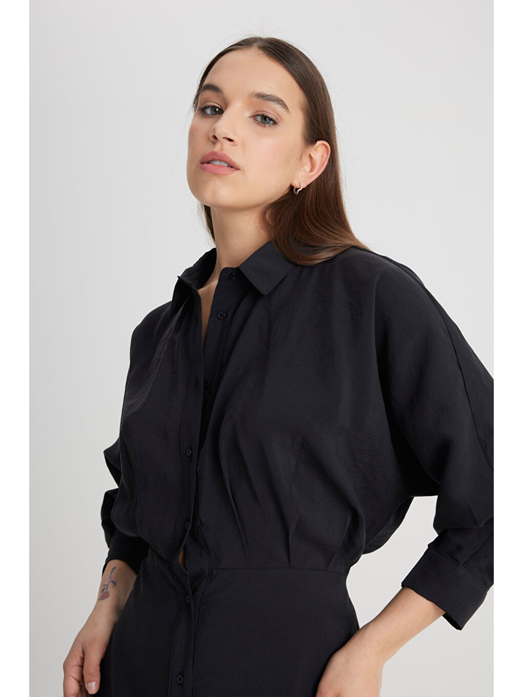 Loose Fit Rahat Kesim Siyah Gömlek Elbise-2