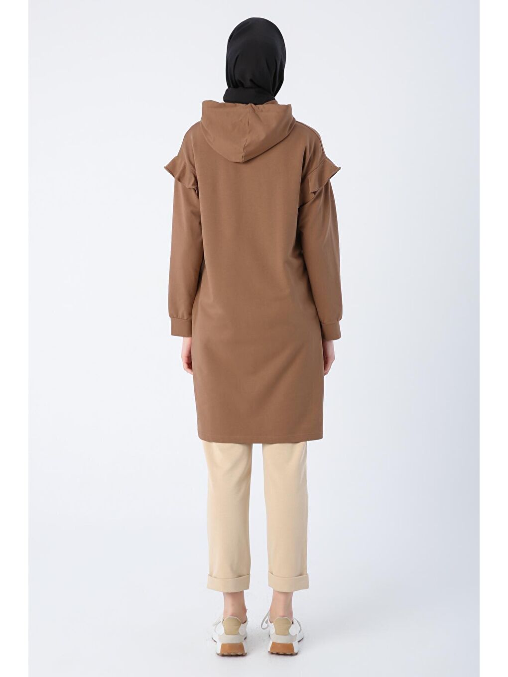 Kahverengi Kahve Pamuklu Omzu Volanlı Kapüşonlu Simli Bağcık Detaylı Fermuarlı Hırka-3