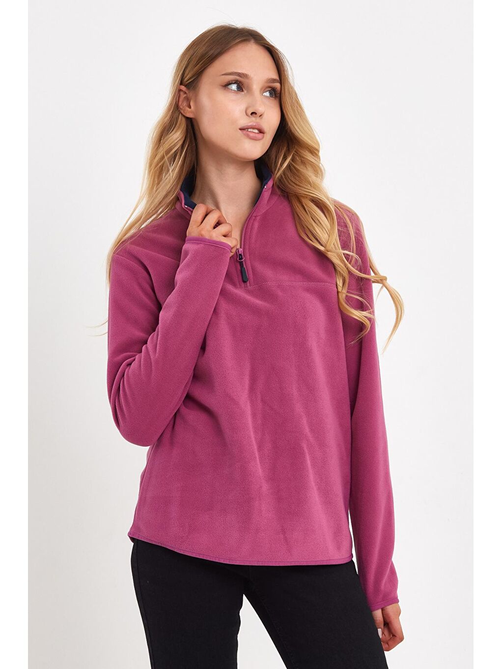 Pembe Yarım Fermuarlı Dik Yaka Polar Kadın Sweatshirt-3