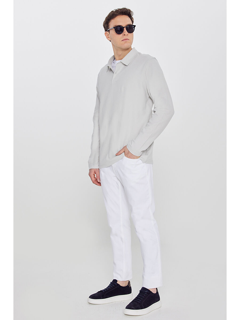 Erkek Gri %100 Pamuk Slim Fit Dar Kesim Polo Yaka Jakarlı Triko Tişört-1