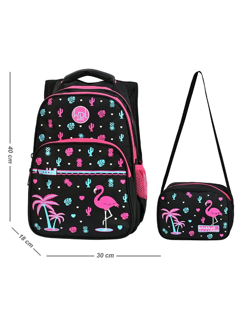 3 Bölmeli İlkokul ve Beslenme Çantası Flamingo Siyah-Pembe 3001-1