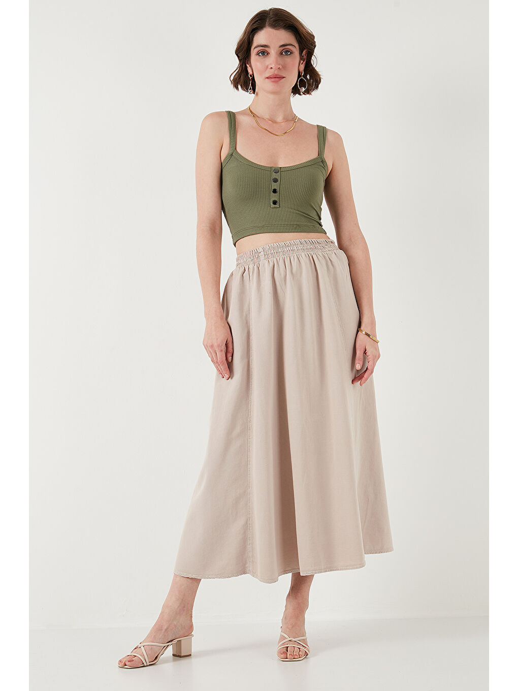 Bej Modest Pamuk Ve Keten Karışımlı Yüksek Bel Cepli Uzun Kiloş Tesettür Etek 668Yp4443