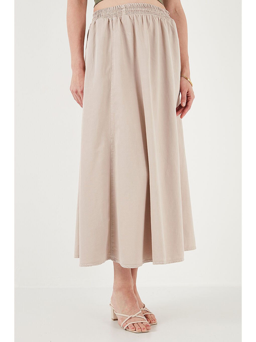 Bej Modest Pamuk Ve Keten Karışımlı Yüksek Bel Cepli Uzun Kiloş Tesettür Etek 668Yp4443-2