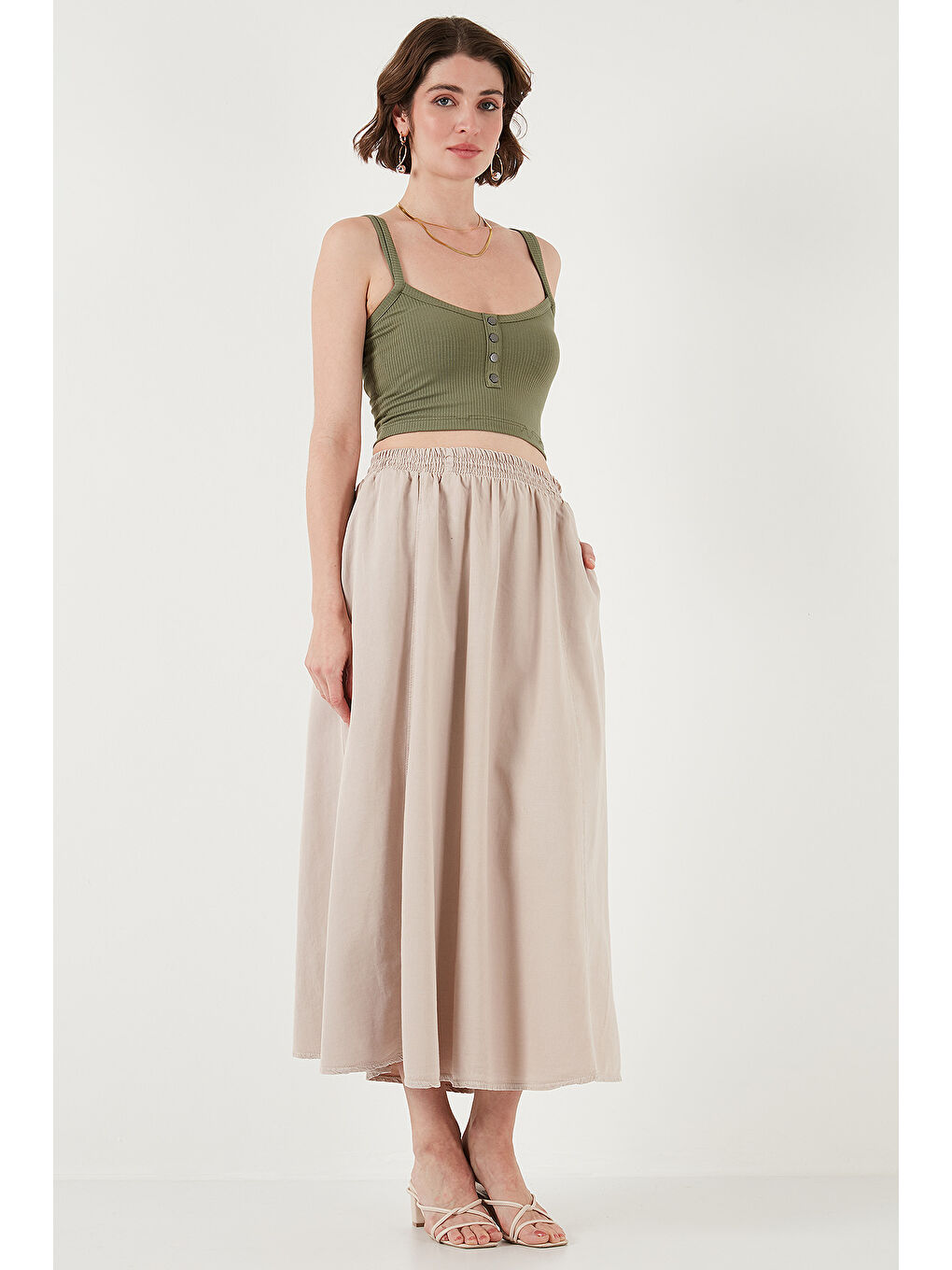 Bej Modest Pamuk Ve Keten Karışımlı Yüksek Bel Cepli Uzun Kiloş Tesettür Etek 668Yp4443-3