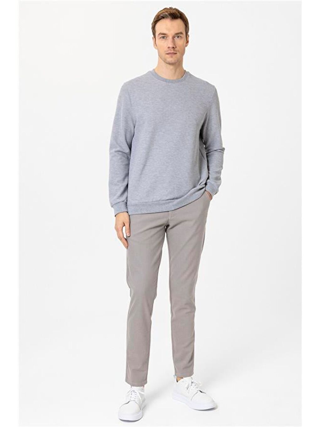 Gri Regular Armürlü Bisiklet Yaka Triko-5