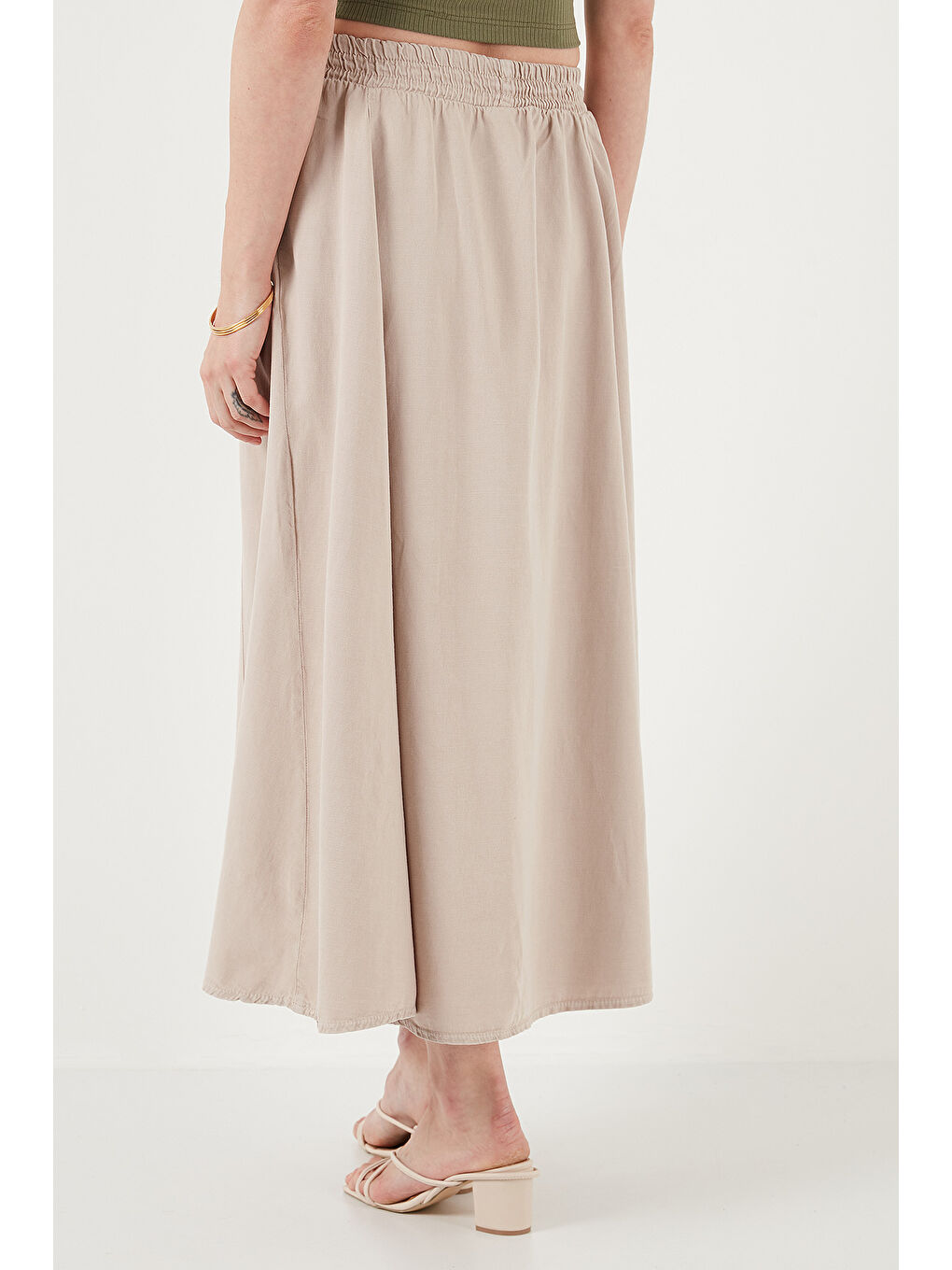 Bej Modest Pamuk Ve Keten Karışımlı Yüksek Bel Cepli Uzun Kiloş Tesettür Etek 668Yp4443-5