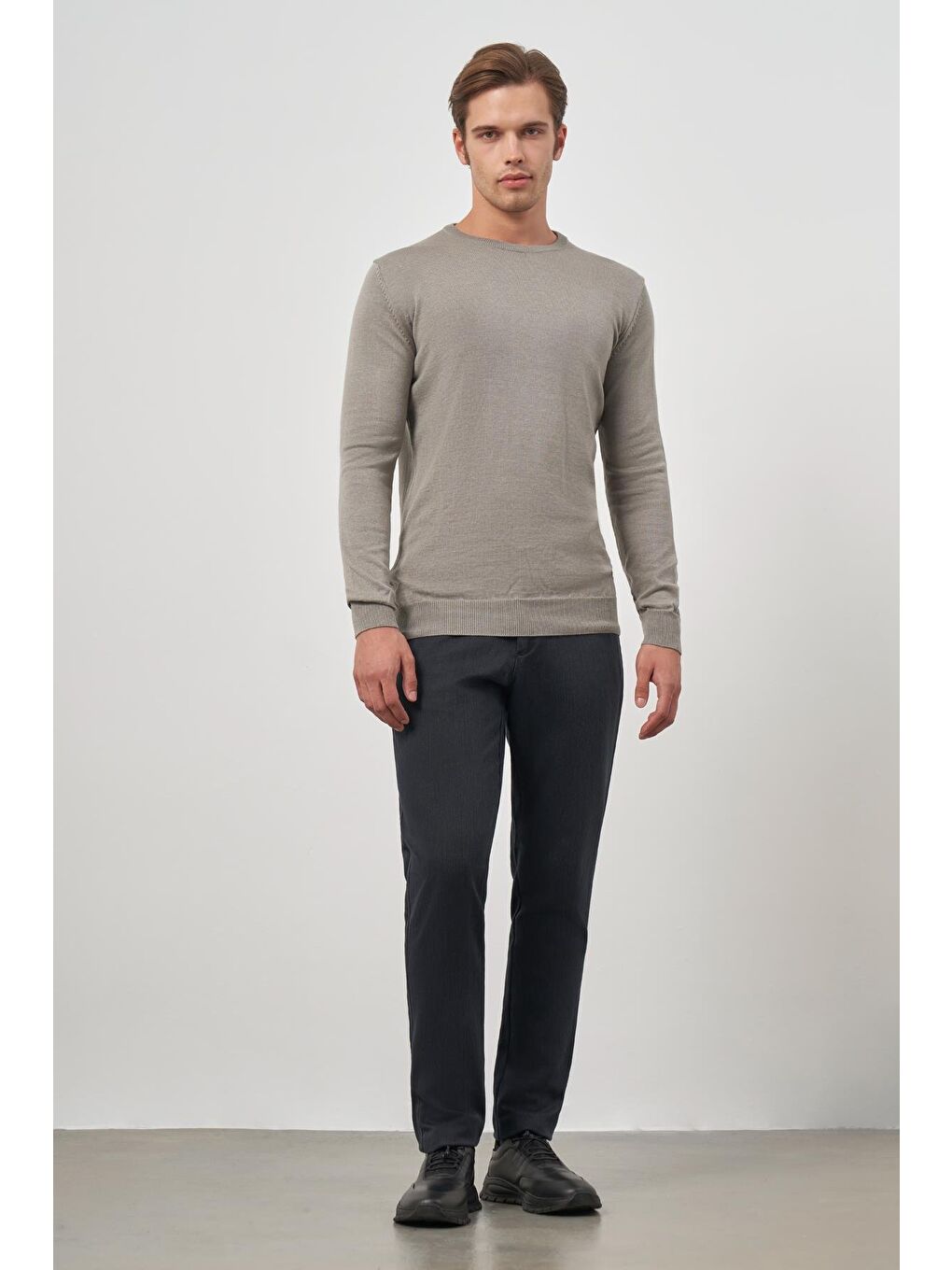 Gri Uzun Kol Düz Örme Bisiklet Yaka Classic Comfort Fit Triko 1012245006-1