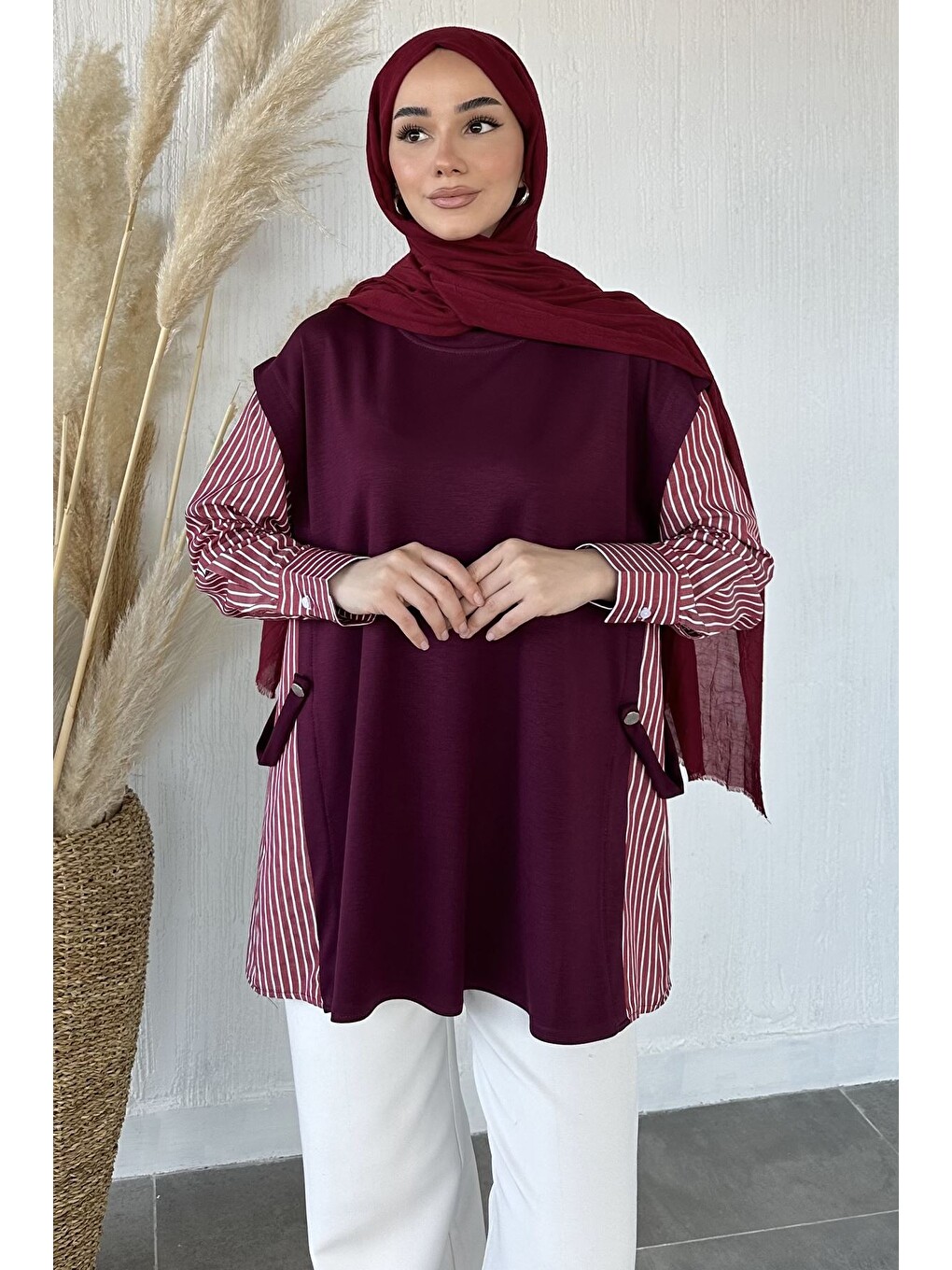 Mürdüm Bisiklet Yaka Garnili Tesettür Tunik-2