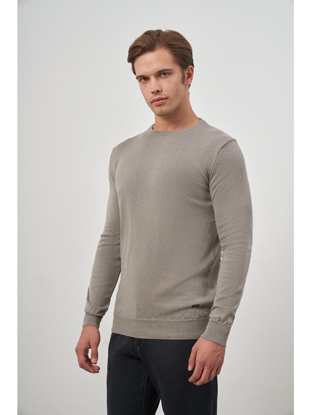 Gri Uzun Kol Düz Örme Bisiklet Yaka Classic Comfort Fit Triko 1012245006-2