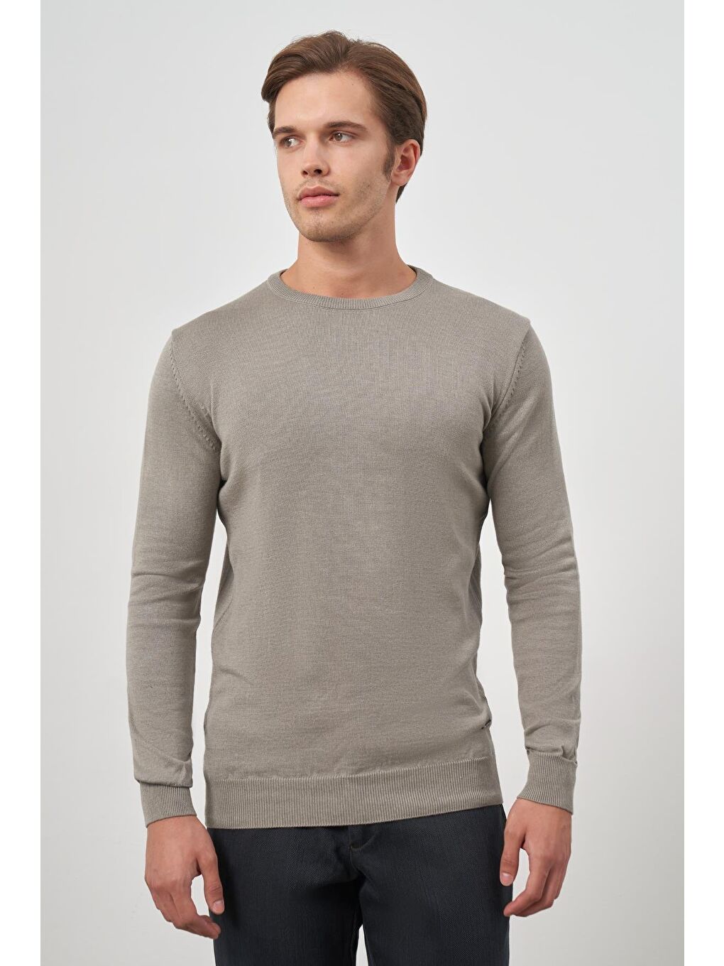 Gri Uzun Kol Düz Örme Bisiklet Yaka Classic Comfort Fit Triko 1012245006-3