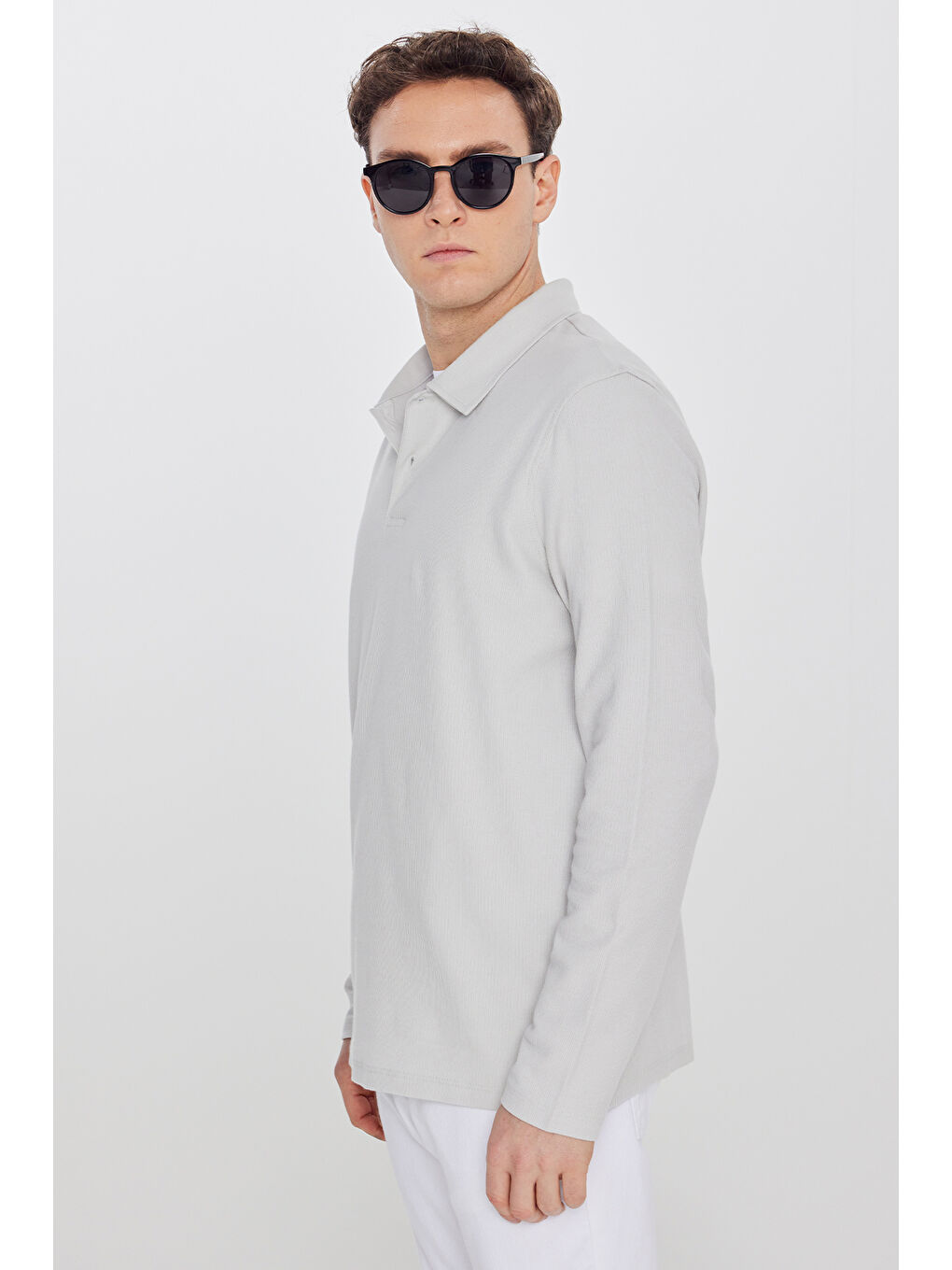 Erkek Gri %100 Pamuk Slim Fit Dar Kesim Polo Yaka Jakarlı Triko Tişört-2