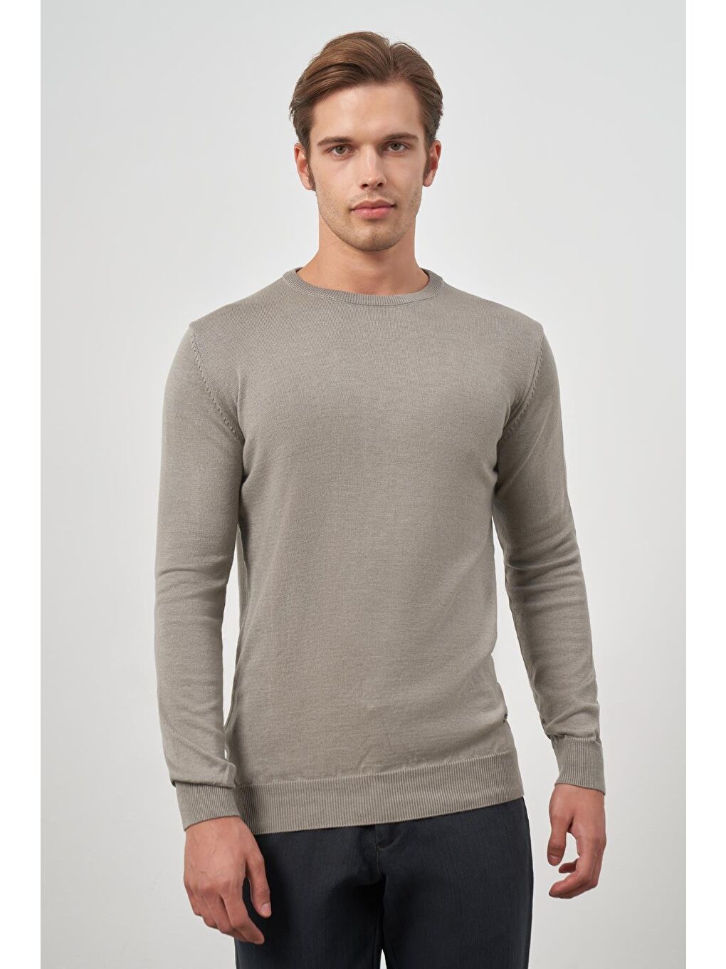 Gri Uzun Kol Düz Örme Bisiklet Yaka Classic Comfort Fit Triko 1012245006-4