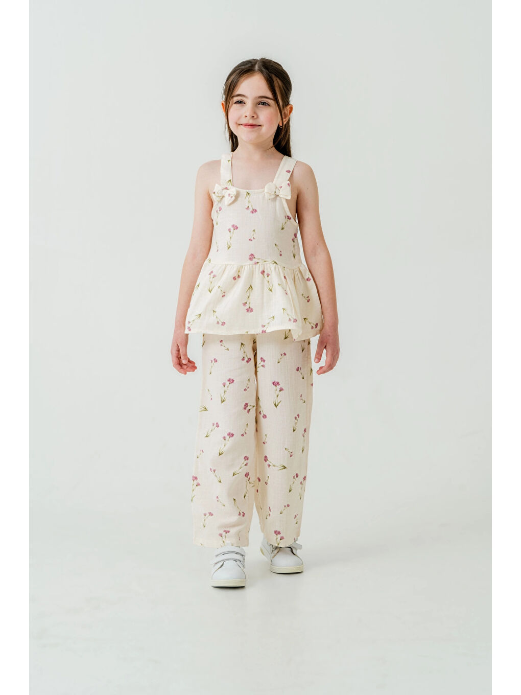 Pembe Çiçek Desenli Kız Çocuk Müslin Takım 3817-3