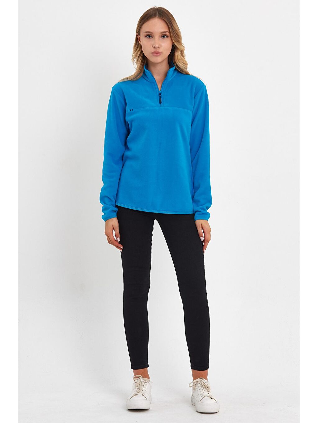 Turkuaz Yarım Fermuarlı Dik Yaka Polar Kadın Sweatshirt-1