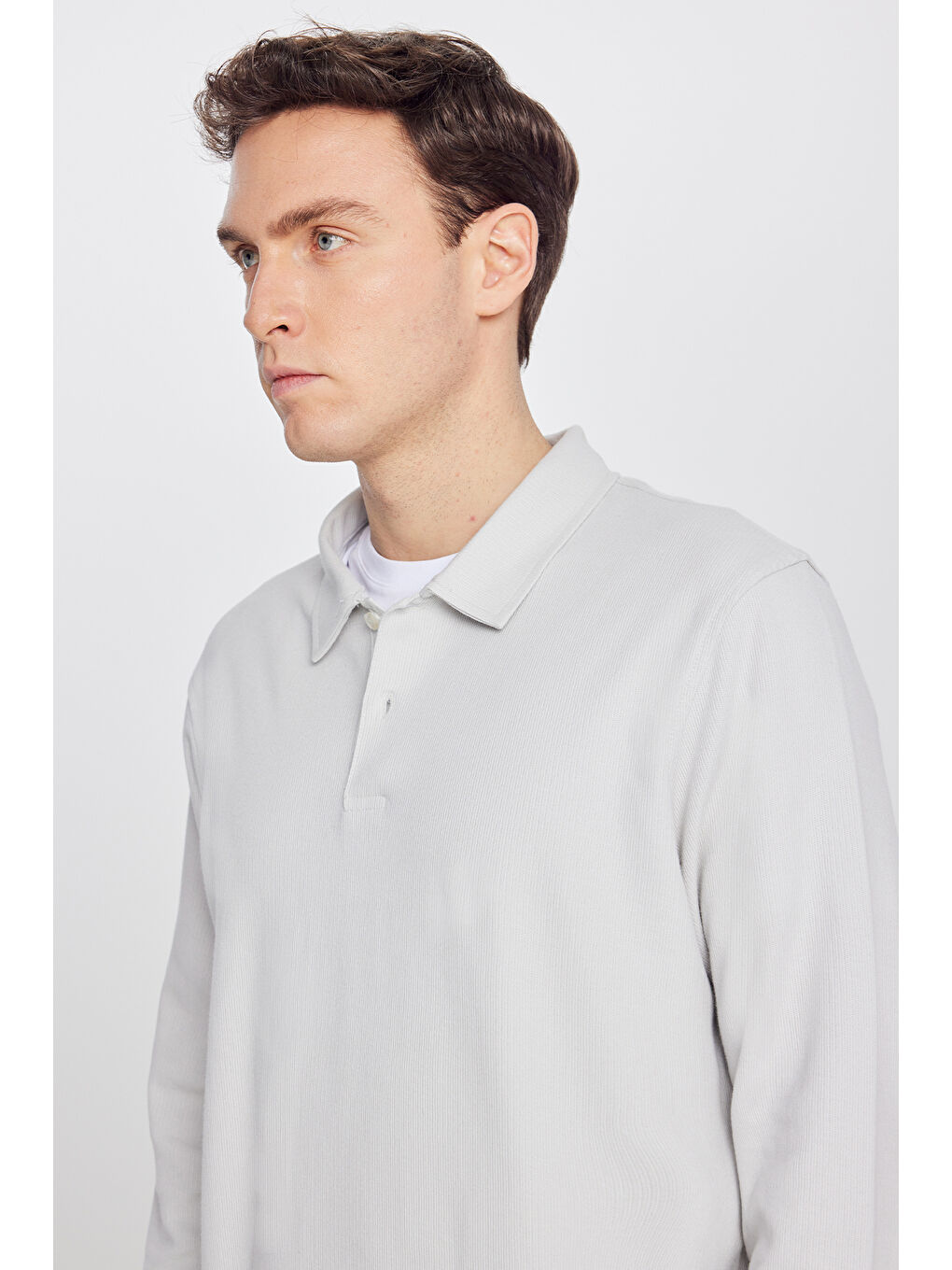 Erkek Gri %100 Pamuk Slim Fit Dar Kesim Polo Yaka Jakarlı Triko Tişört-3