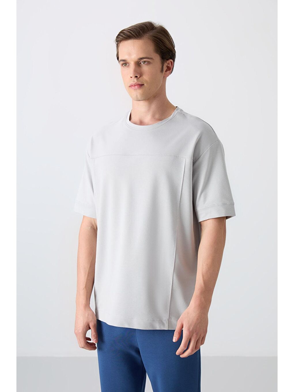 TOMMYLIFE Bej Taş Pamuklu Kalın Yumuşak Dokulu Oversize Fit Basic Erkek T-Shirt - 88349 - 3