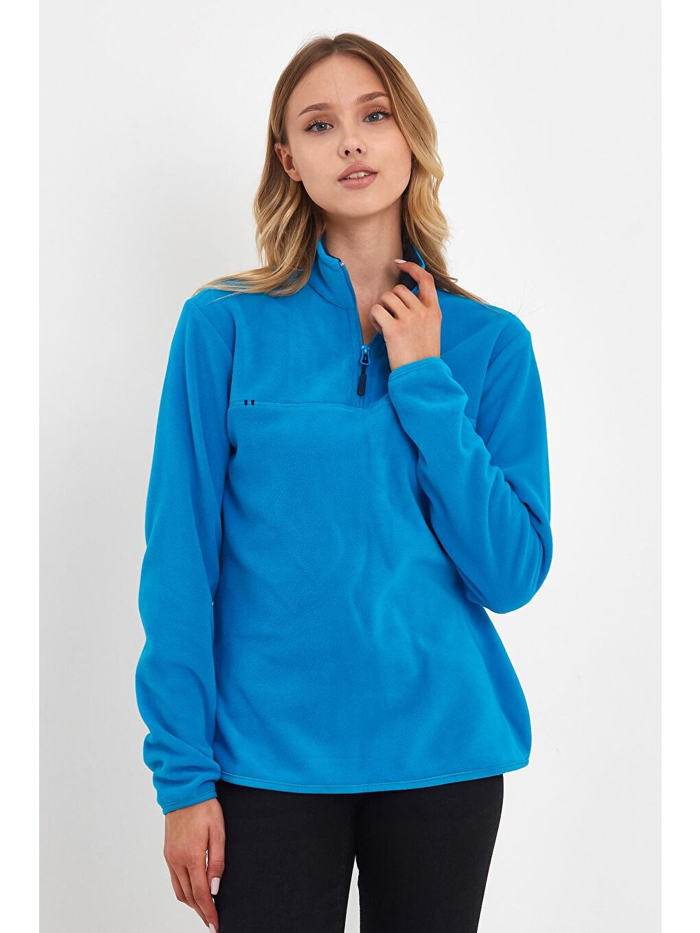 Turkuaz Yarım Fermuarlı Dik Yaka Polar Kadın Sweatshirt-2