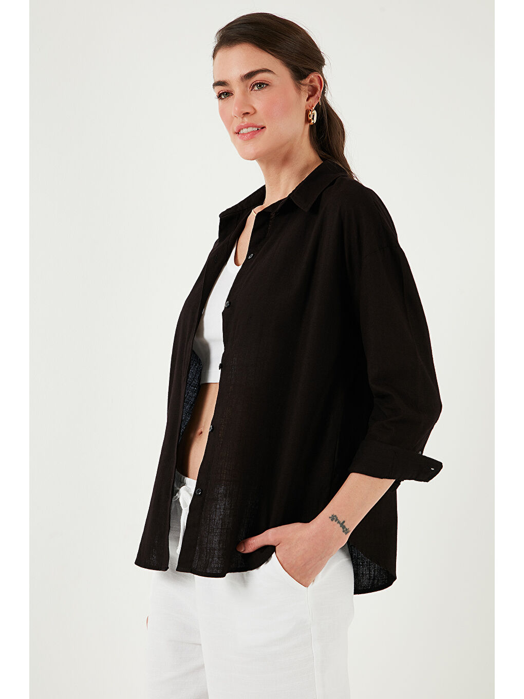 Siyah Pamuklu Regular Fit Uzun Kollu Düz Gömlek Cf25S168305-5