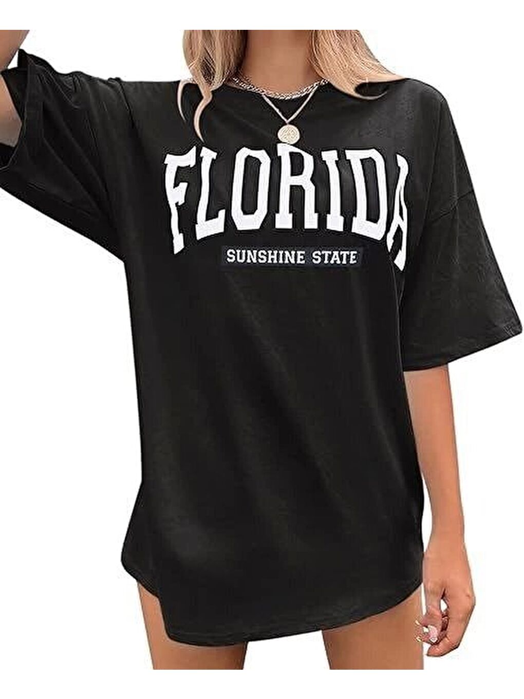 Bisiklet Yaka Baskılı T-shirt - Siyah-1