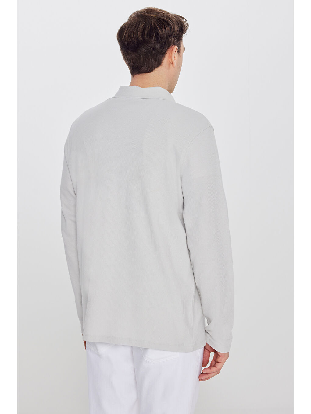 Erkek Gri %100 Pamuk Slim Fit Dar Kesim Polo Yaka Jakarlı Triko Tişört-4