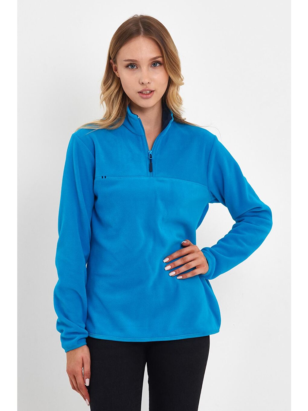Turkuaz Yarım Fermuarlı Dik Yaka Polar Kadın Sweatshirt-3
