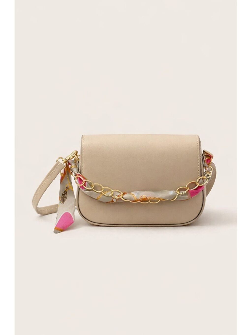 Bej Kadın Zincir Detaylı Fular Aksesuarlı Omuz & Çapraz Çanta 12647