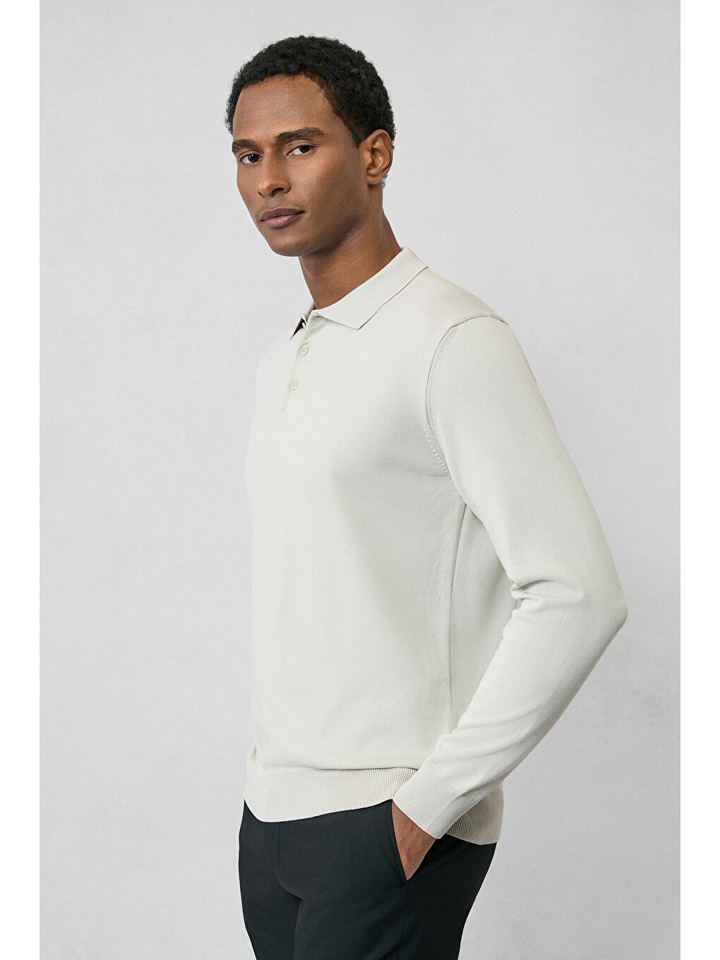 Bej Regular Fit Düğmeli Polo Yaka Triko Kazak-5