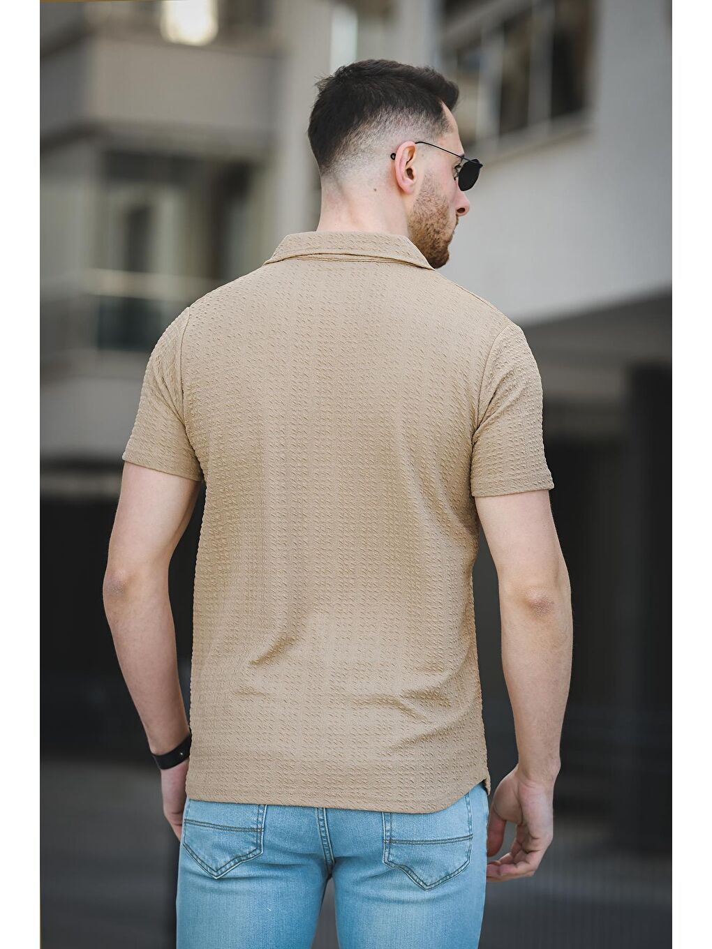 Oksit Camel Dokulu Slim Fit Full Likralı Kısa Kol Apaç Yaka Erkek Gömlek - 3