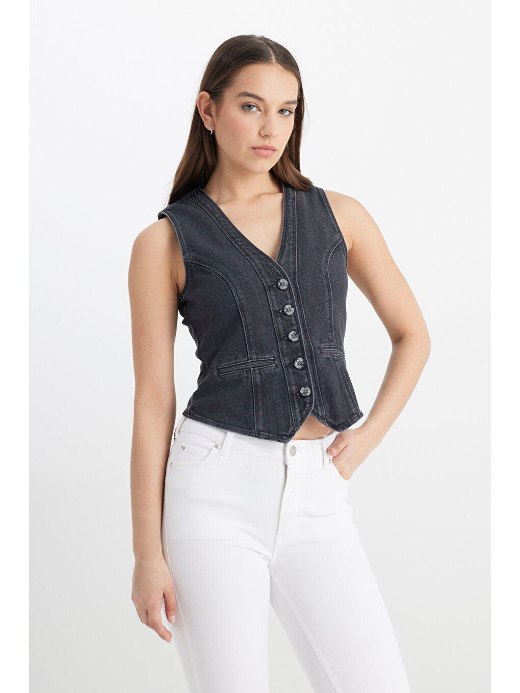 Regular Fit Normal Kesim V Yaka %100 Pamuk Antrasit Jean Jean Yelek