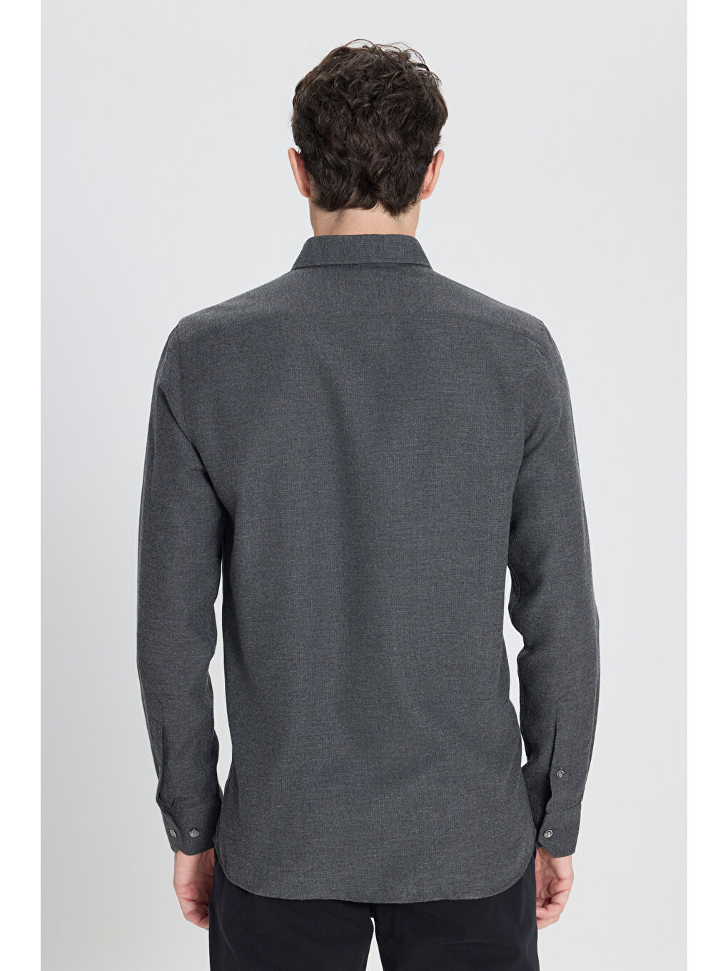 Erkek Antrasit Pamuklu Flanel Slim Fit Dar Kesim Düğmeli Yaka Armürlü Gömlek-5
