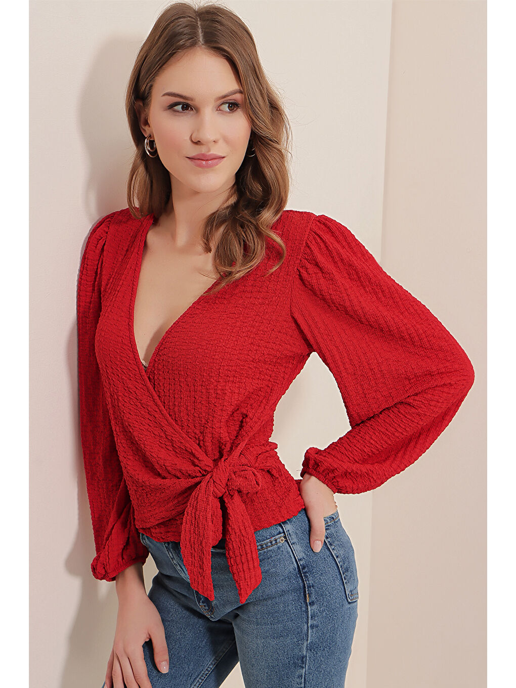 0441 Anvelop Örme Bluz - Kırmızı-4