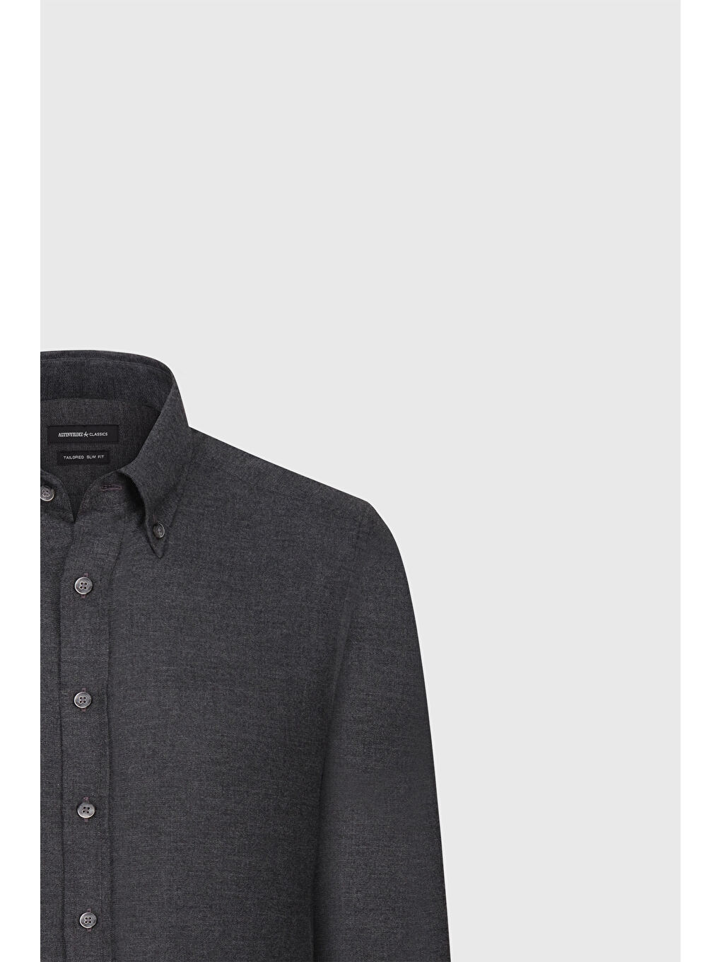 Erkek Antrasit Pamuklu Flanel Slim Fit Dar Kesim Düğmeli Yaka Armürlü Gömlek-7