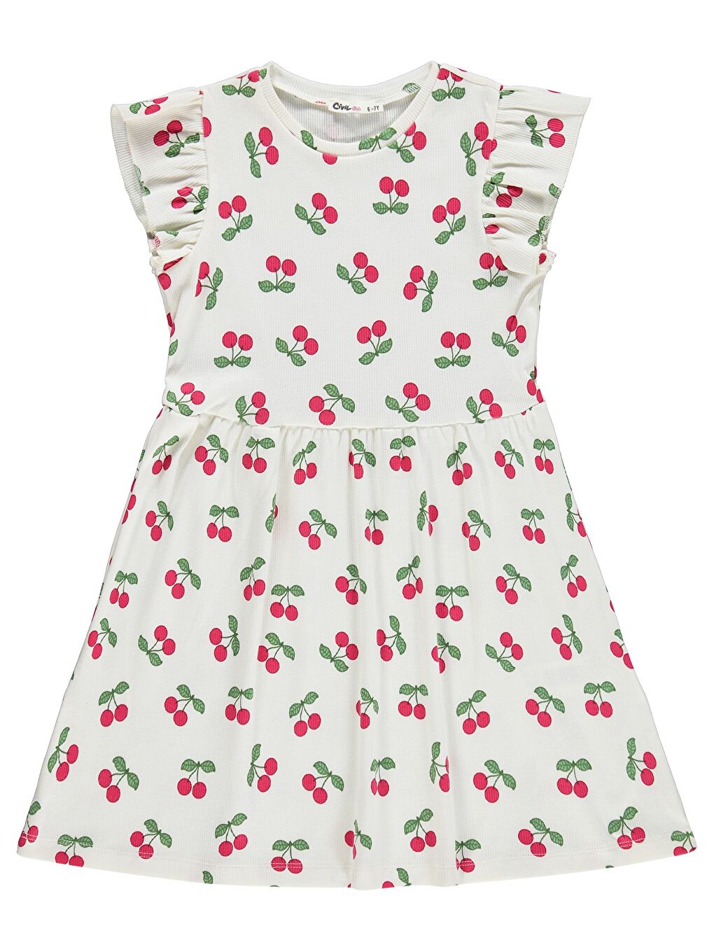 Girls Kiraz Desenli 6-9 Yaş Elbise - Ekru