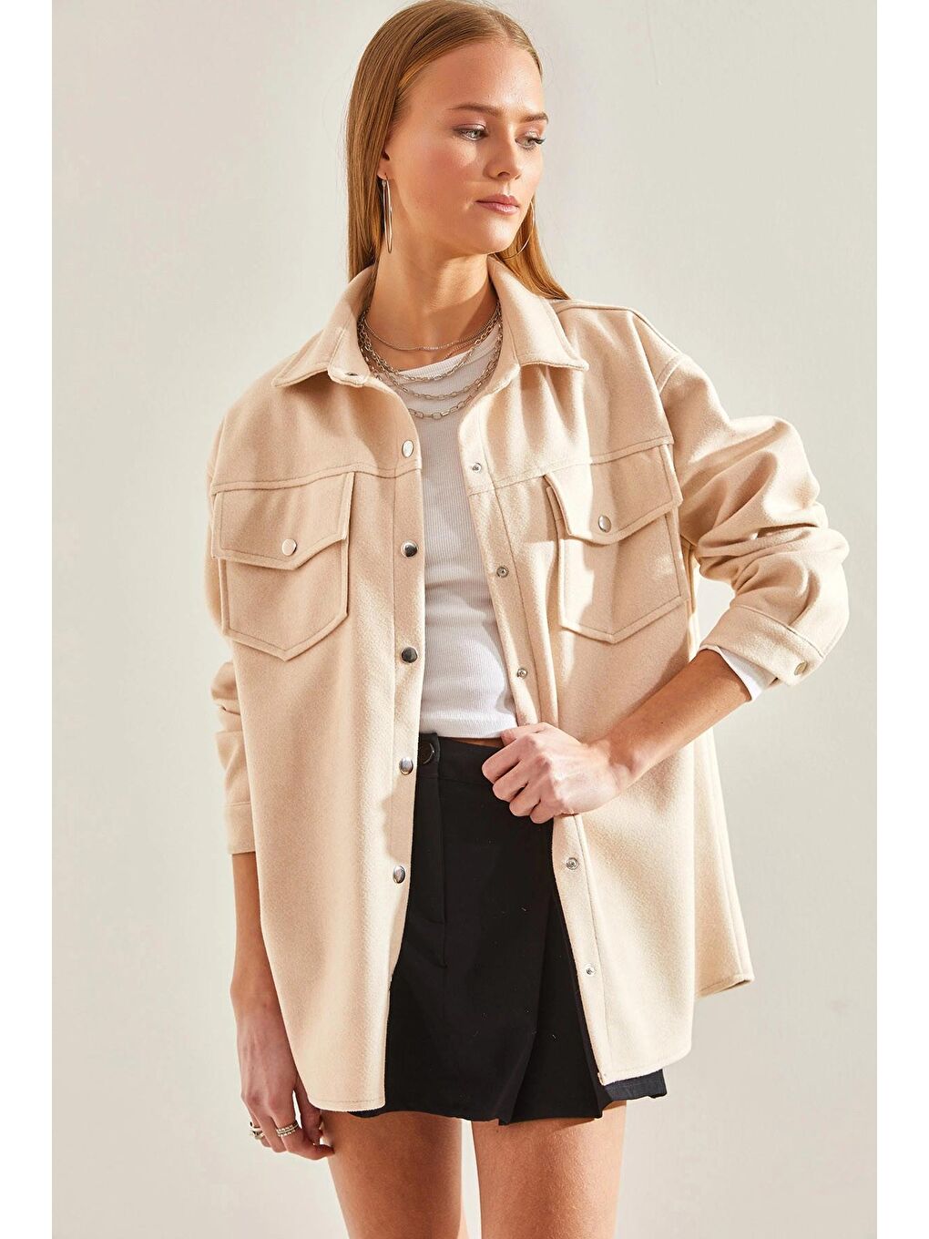 Ekru Kadın Çıtçıtlı Kaşe Gömlek 4428 60101002