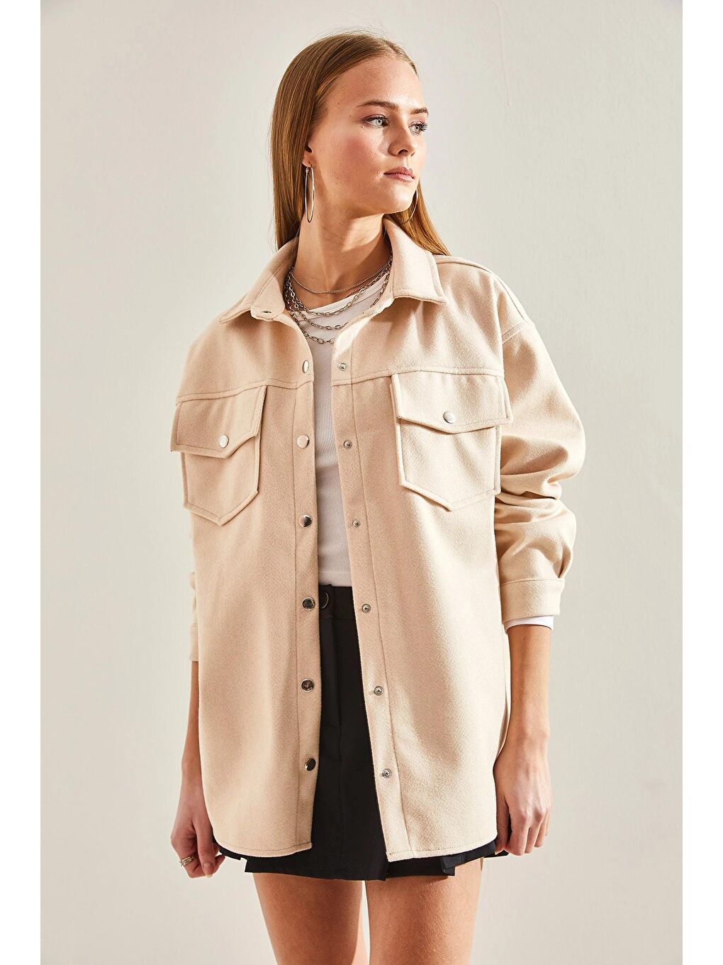 Ekru Kadın Çıtçıtlı Kaşe Gömlek 4428 60101002-1