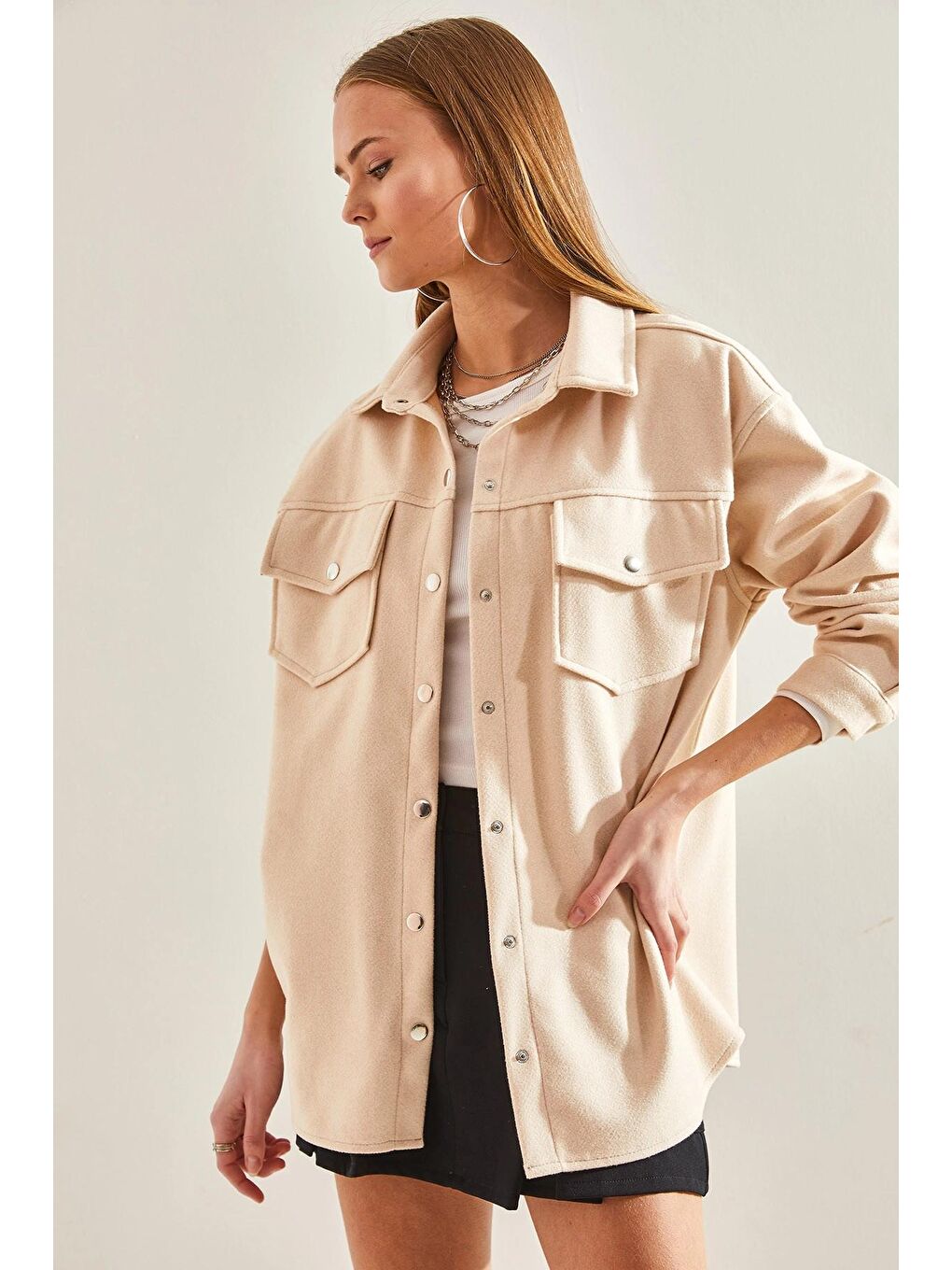 Ekru Kadın Çıtçıtlı Kaşe Gömlek 4428 60101002-2