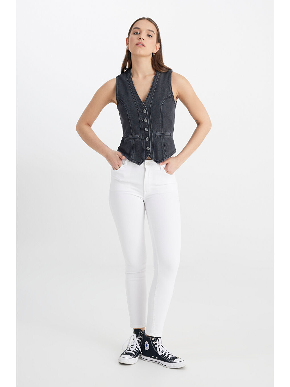 Regular Fit Normal Kesim V Yaka %100 Pamuk Antrasit Jean Jean Yelek-2