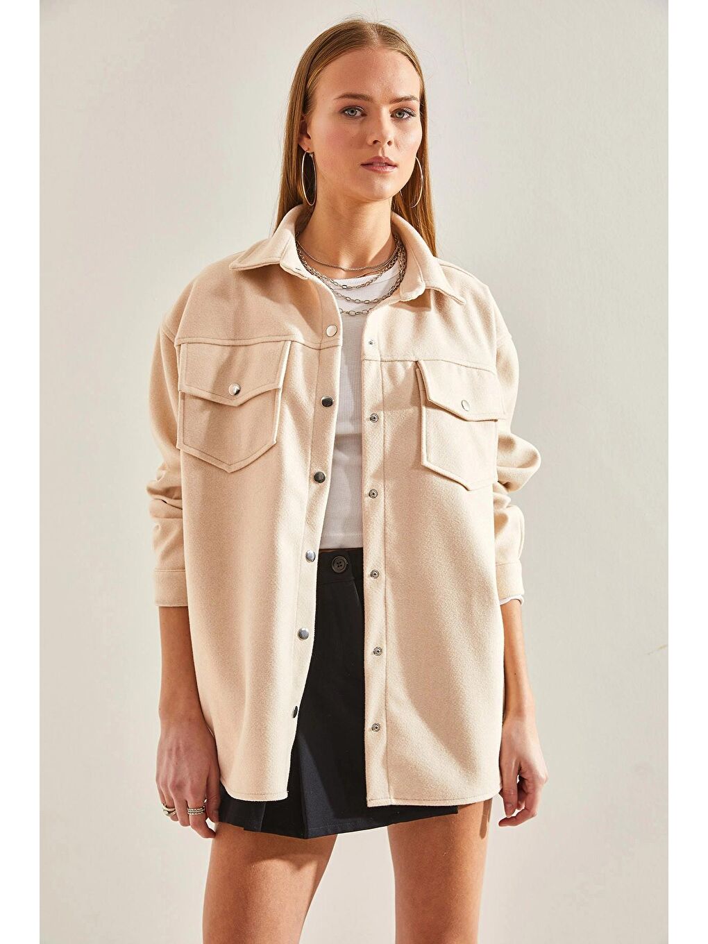 Ekru Kadın Çıtçıtlı Kaşe Gömlek 4428 60101002-4