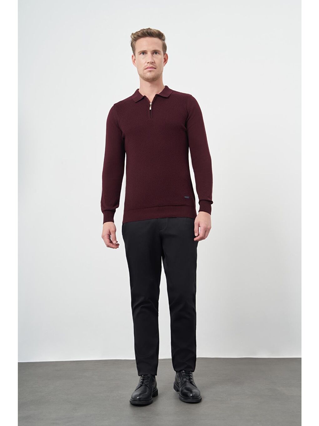 Bordo Uzun Kol Kendinden Desenli Örme Polo Yaka Classic Comfort Fit Triko 1012245156-1