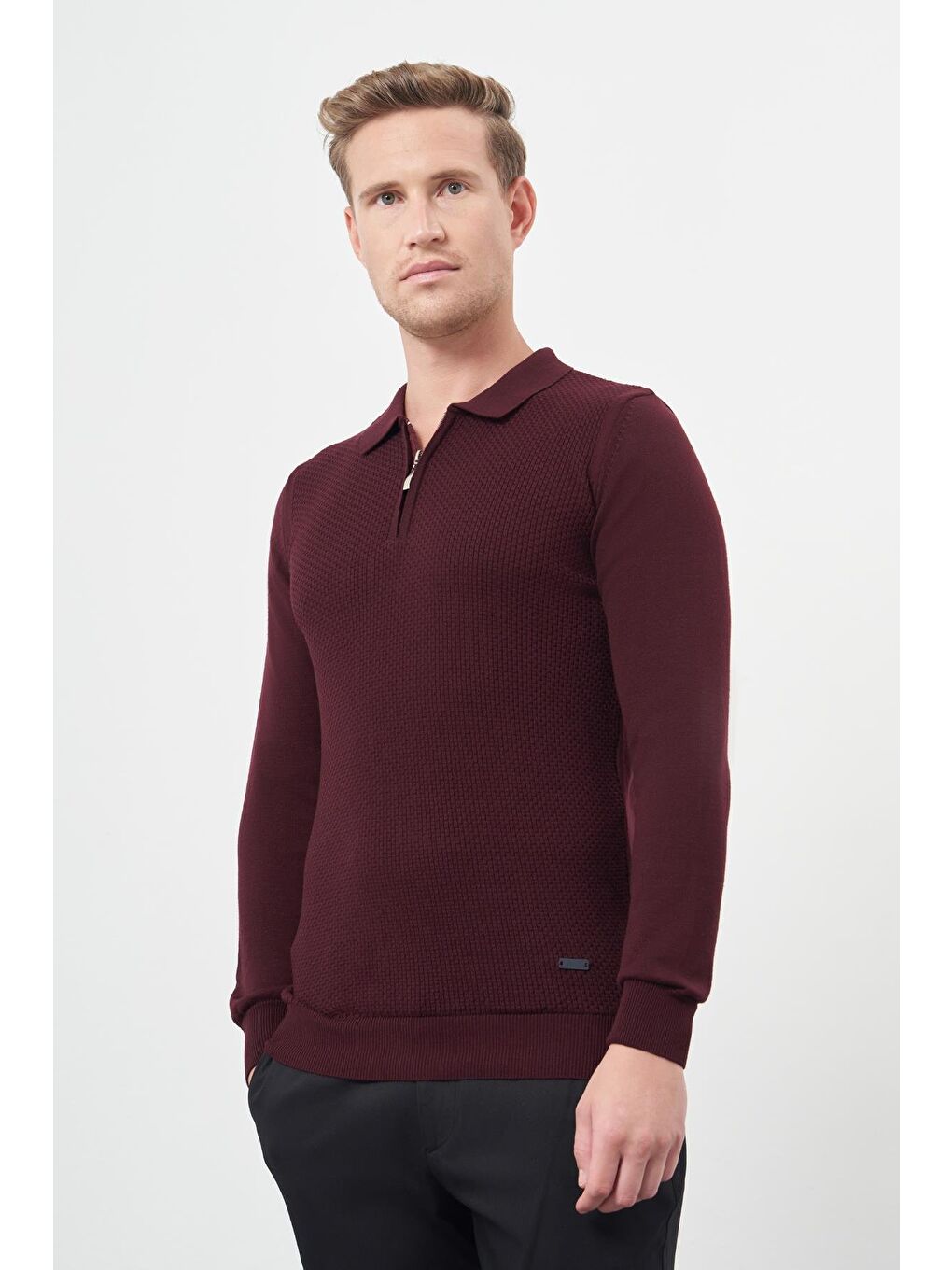 Bordo Uzun Kol Kendinden Desenli Örme Polo Yaka Classic Comfort Fit Triko 1012245156-2