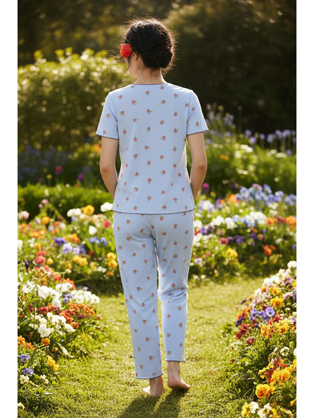 Mavi Lale Desenli Dantelli Bürümcük-krınkıl Kısa Kollu Pijama Takım 26120727-2