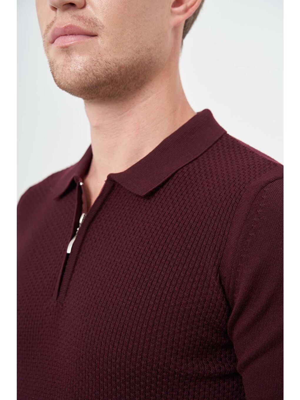 Bordo Uzun Kol Kendinden Desenli Örme Polo Yaka Classic Comfort Fit Triko 1012245156-3